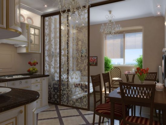 Зонирование кухни и гостиной перегородкой