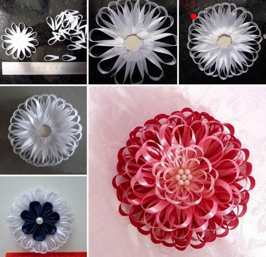 Цветы из узкой атласной ленты