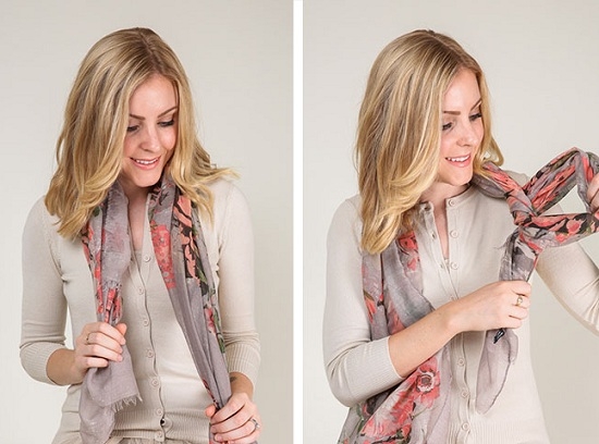 Как завязать большой платок на шее скользящим узлом?